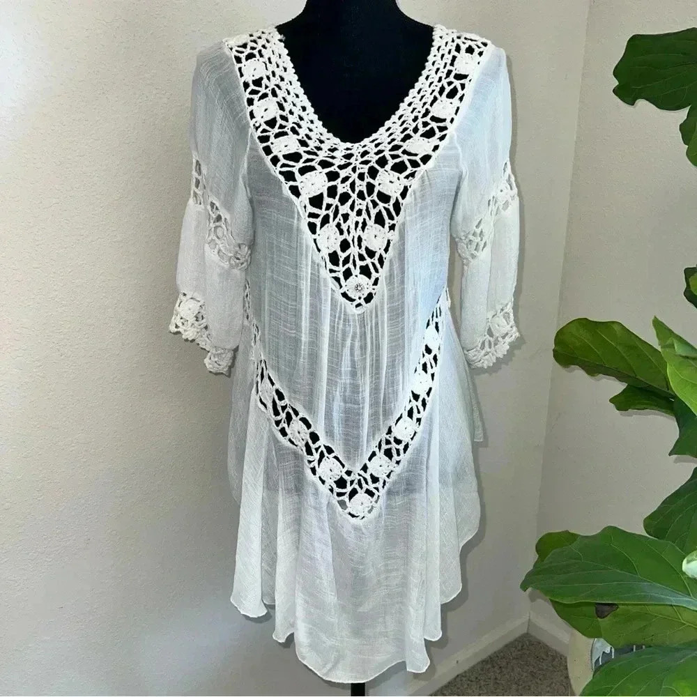White Macrame Crochet Gauze Boho, Beach Gypsy Style 3/4 Sleeve V Neck Blouse